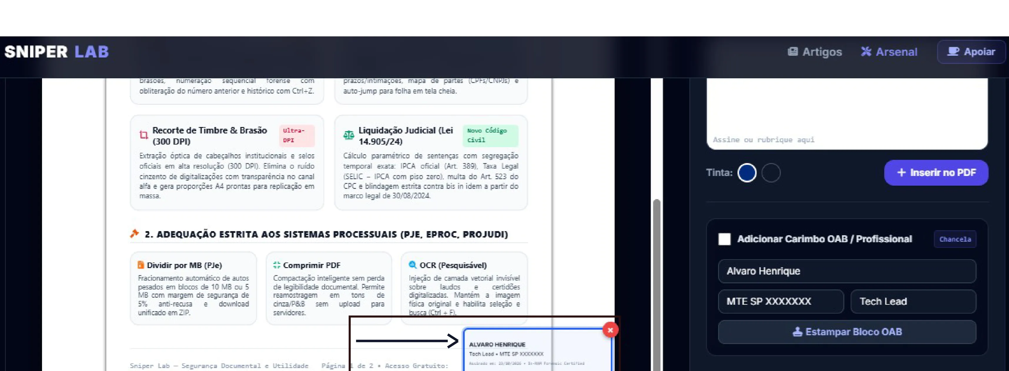 Interface de Assinatura Forense com Carimbo OAB no Sniper Lab