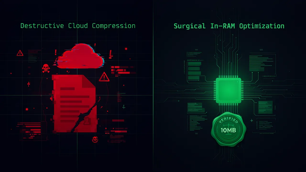 Infográfico técnico comparando compressão destrutiva em nuvem que borra textos com a otimização bicúbica seletiva em memória RAM
