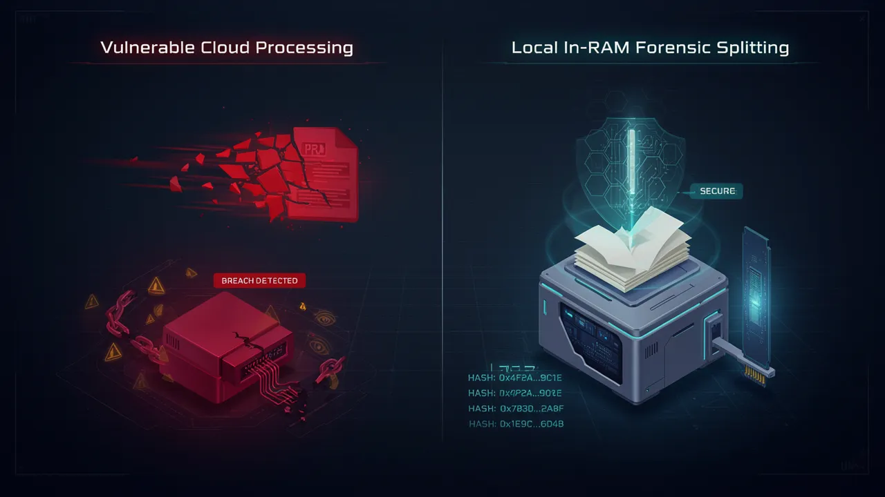 Infográfico forense demonstrando a quebra da cadeia de custódia ao fracionar processos em nuvem versus a fatiamento local em memória RAM