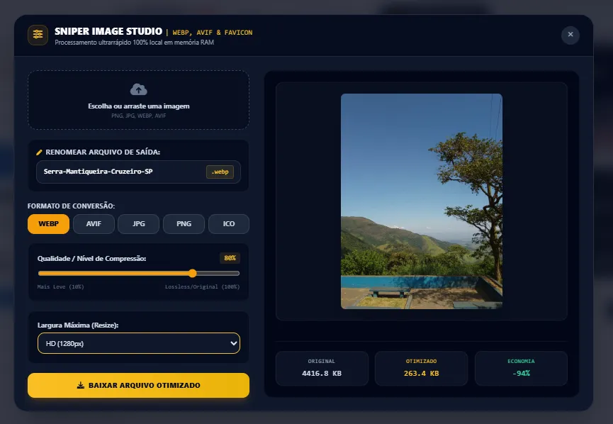 Interface tecnológica do Sniper Image Studio exibindo comparativo de peso e controles de qualidade