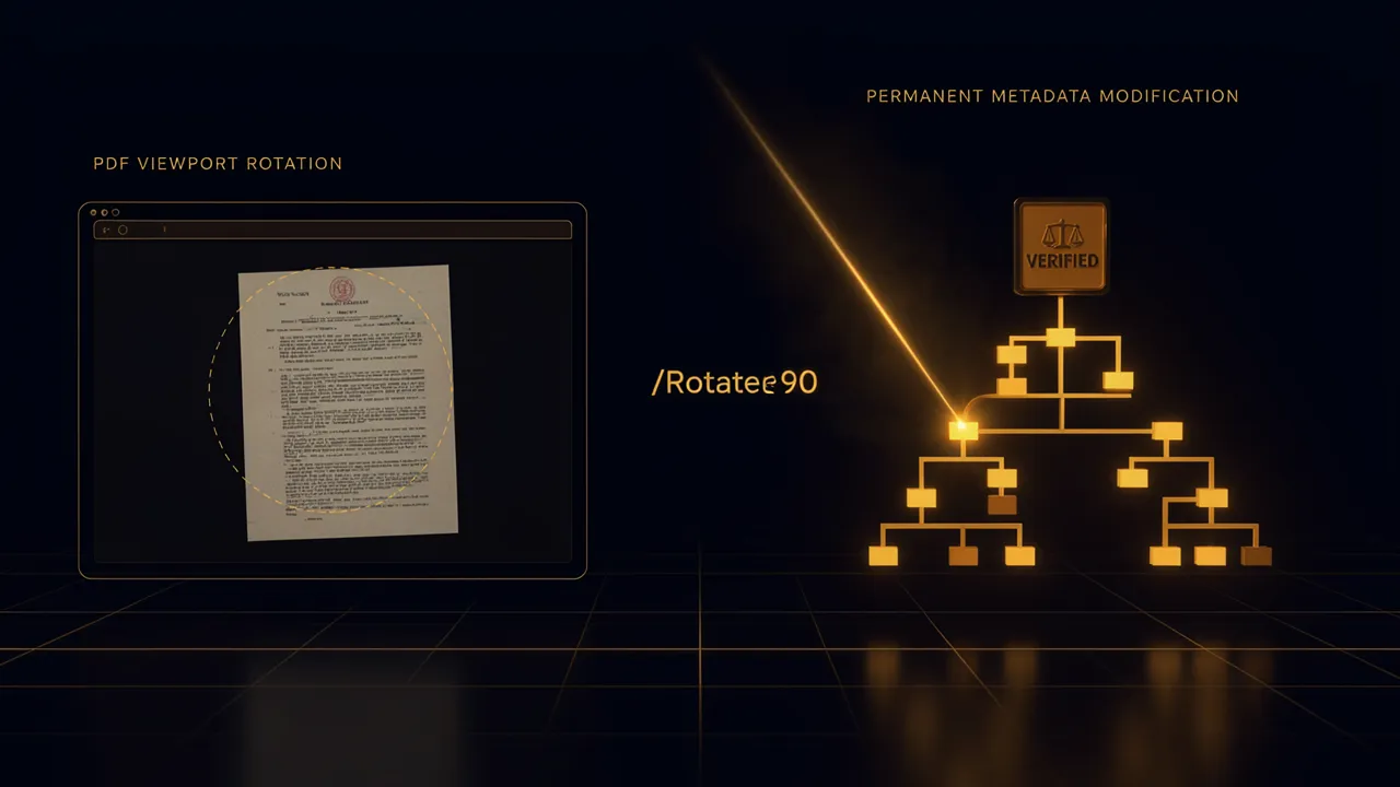 Infográfico esquemático comparando a rotação temporária de tela no leitor versus a injeção permanente da chave binária /Rotate na árvore de páginas do PDF