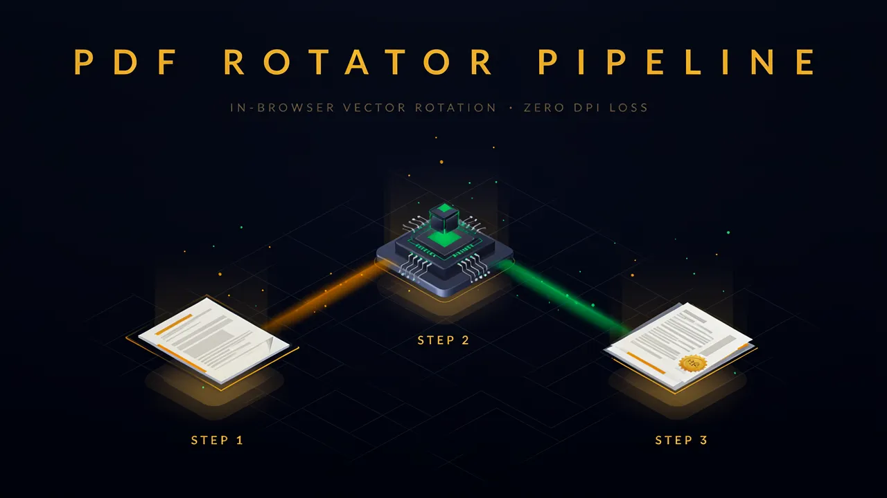 Diagrama do pipeline In-RAM: arquivo original carregado na memória RAM, leitura por pdf.js, alteração vetorial do metadado Rotate via pdf-lib e download sem tráfego de rede