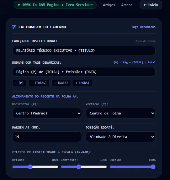 Interface do Sniper Web-to-PDF Studio mostrando a caixa de crop com 8 alças e os seletores de alinhamento A4