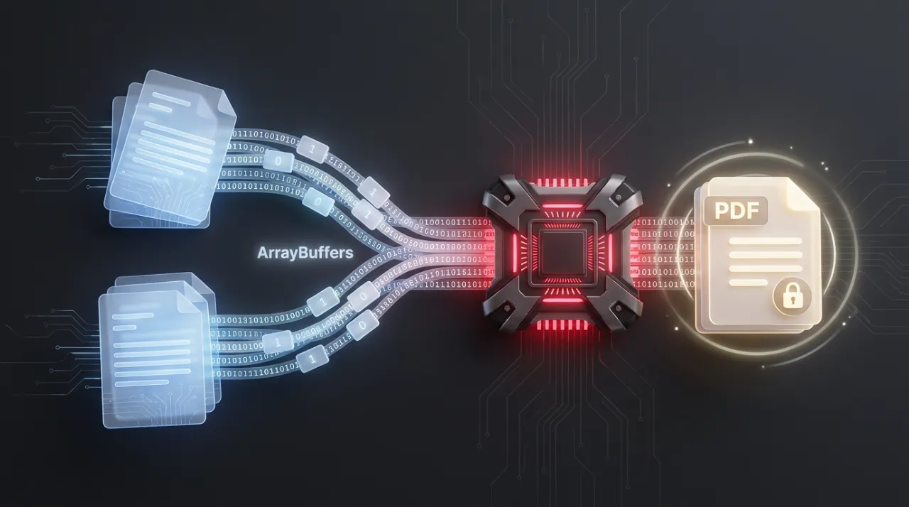 Esquema da arquitetura de manipulação de PDF em ArrayBuffer local versus fila de nuvem
