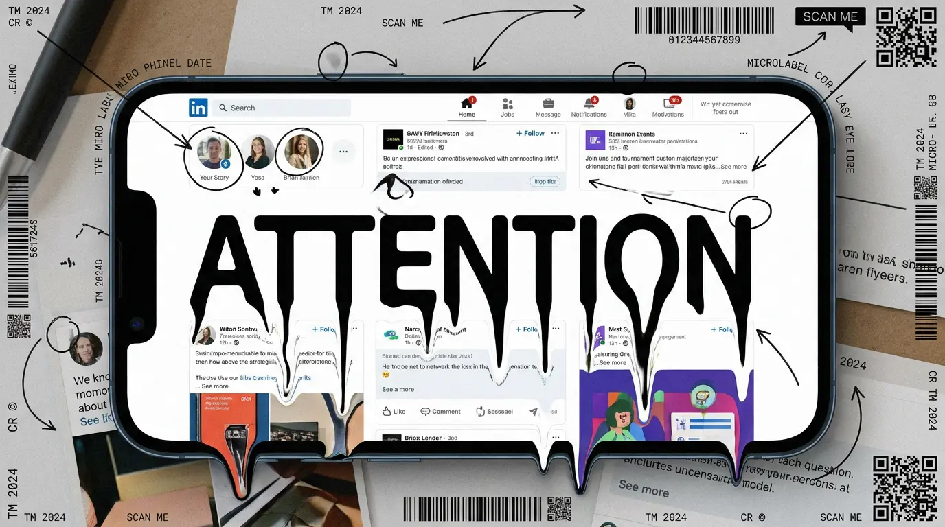 Conceito visual de atenção e escaneabilidade em feeds móveis corporativos