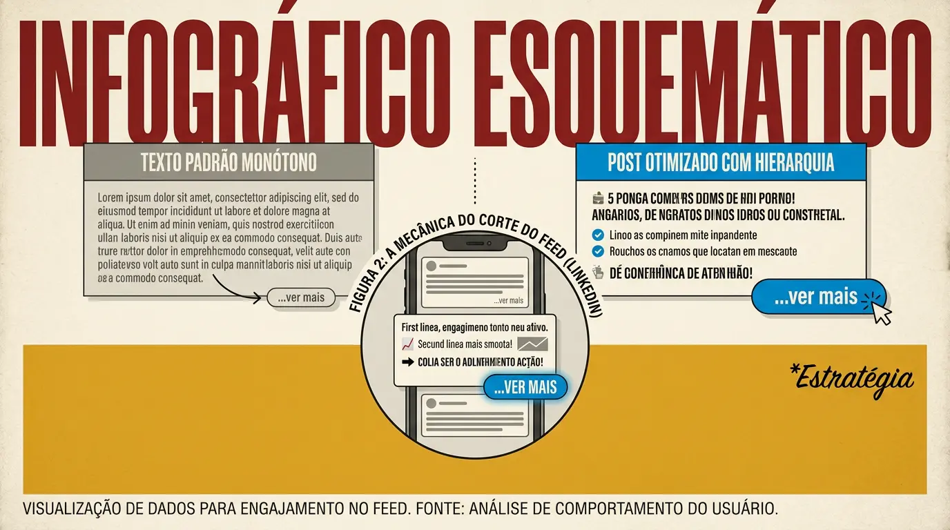 Infográfico esquemático comparando texto padrão monótono contra post otimizado com hierarquia visual