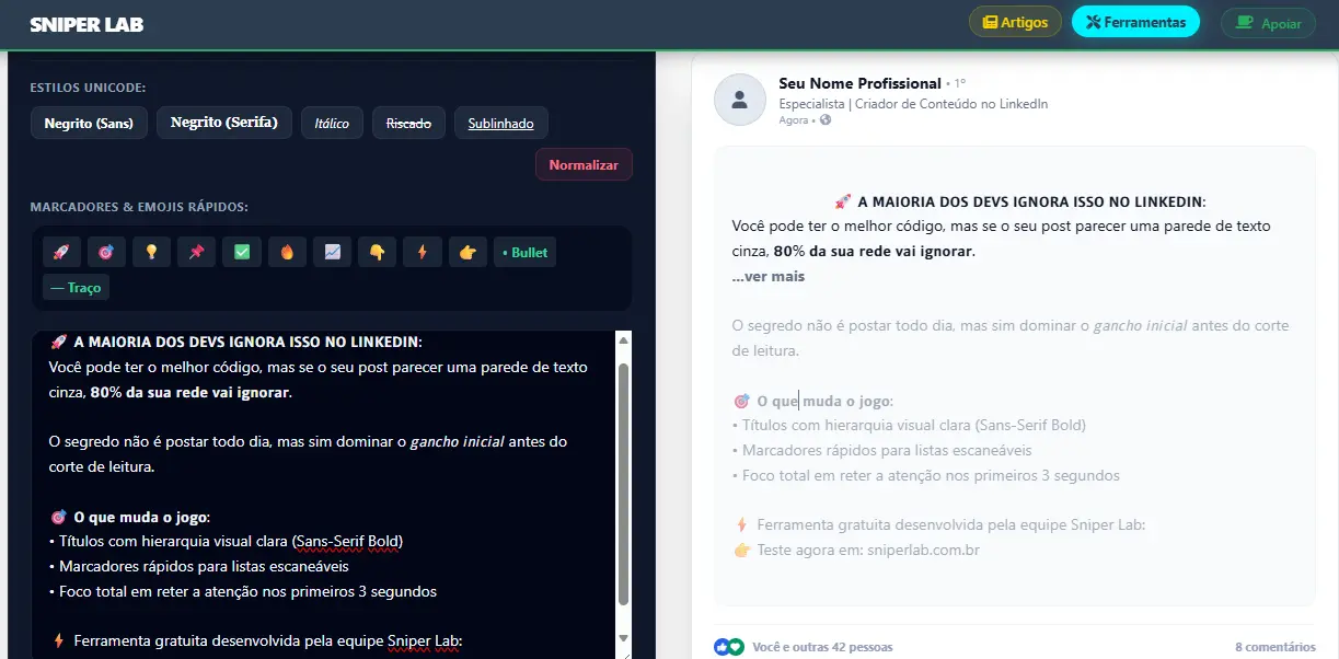 Captura da ferramenta formatador linkedin sniper lab em funcionamento na área de trabalho