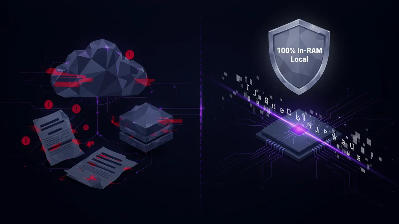 Infográfico conceitual mostrando o motor de rede neural Tesseract WebAssembly rodando localmente na CPU do navegador para extrair caracteres de um laudo pericial escaneado