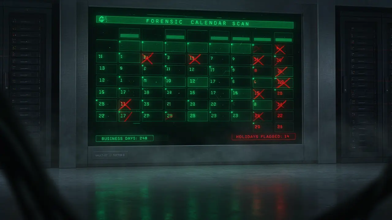 Esquema computacional de matriz de calendário identificando finais de semana e feriados