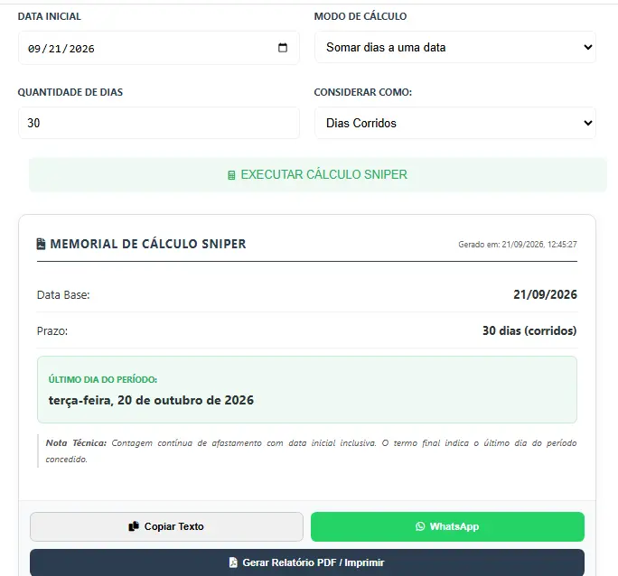 Demonstração da interface da Calculadora de Prazos Sniper com relatório impresso