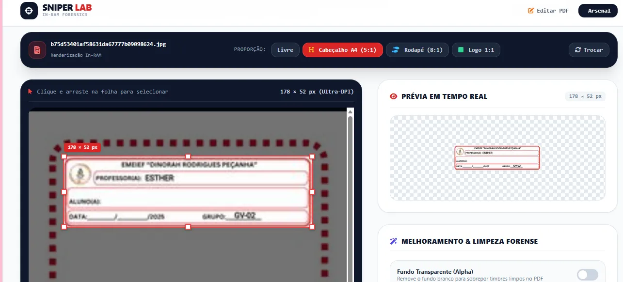 Visão da interface de recorte tático com seletor de 8 alças ao redor do cabeçalho de uma folha de PDF, indicando resolução em tempo real e barra de presets