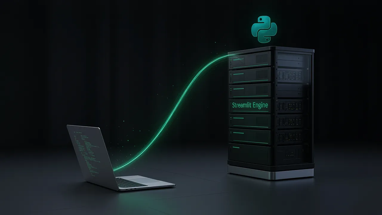 Infográfico conceitual mostrando o pipeline entre o frontend ultrarrápido em JavaScript e o cluster Python no Streamlit Cloud