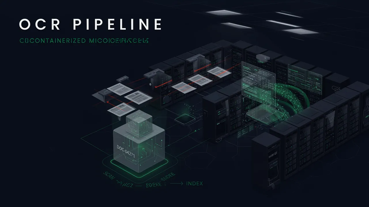 Diagrama mostrando contêineres Docker executando Tesseract OCR e bibliotecas científicas de dados